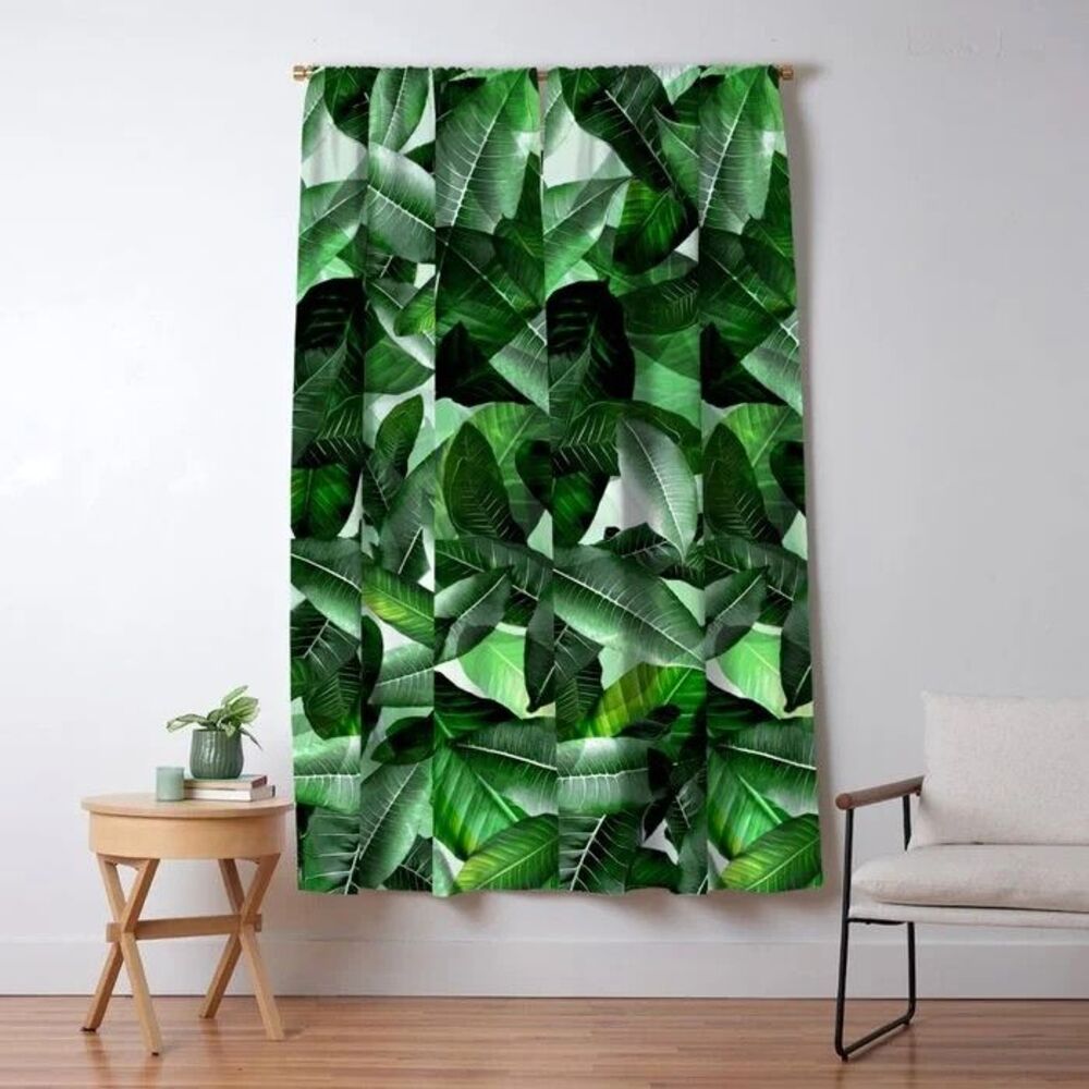 Society 6 Tropical Curtain Panels Blackout Green Large Leaf Pattern 50 x 82" Set